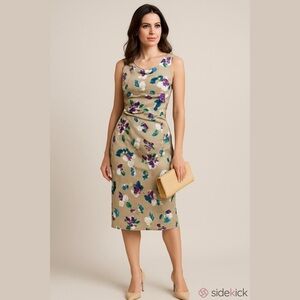 MaxMara Studio taupe floral dress sleeveless side ruched stretch cotton Size 10